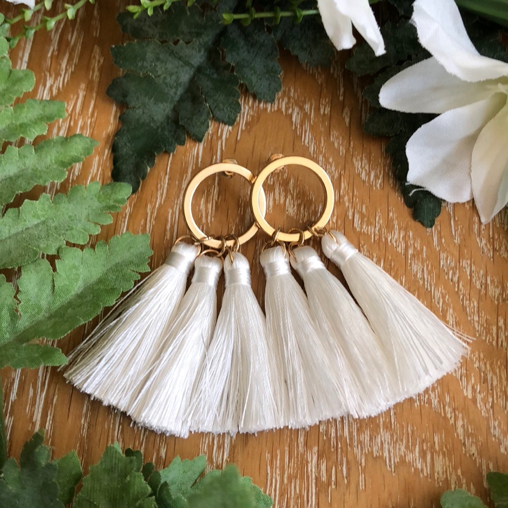 Gold Circular Post Earrings w/creamy White Tassels